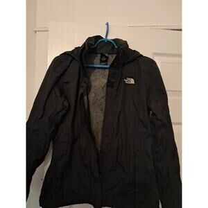 The North Face Women Jacket Medium Black Hooded Logo Pockets Hyvent Long Sleeve